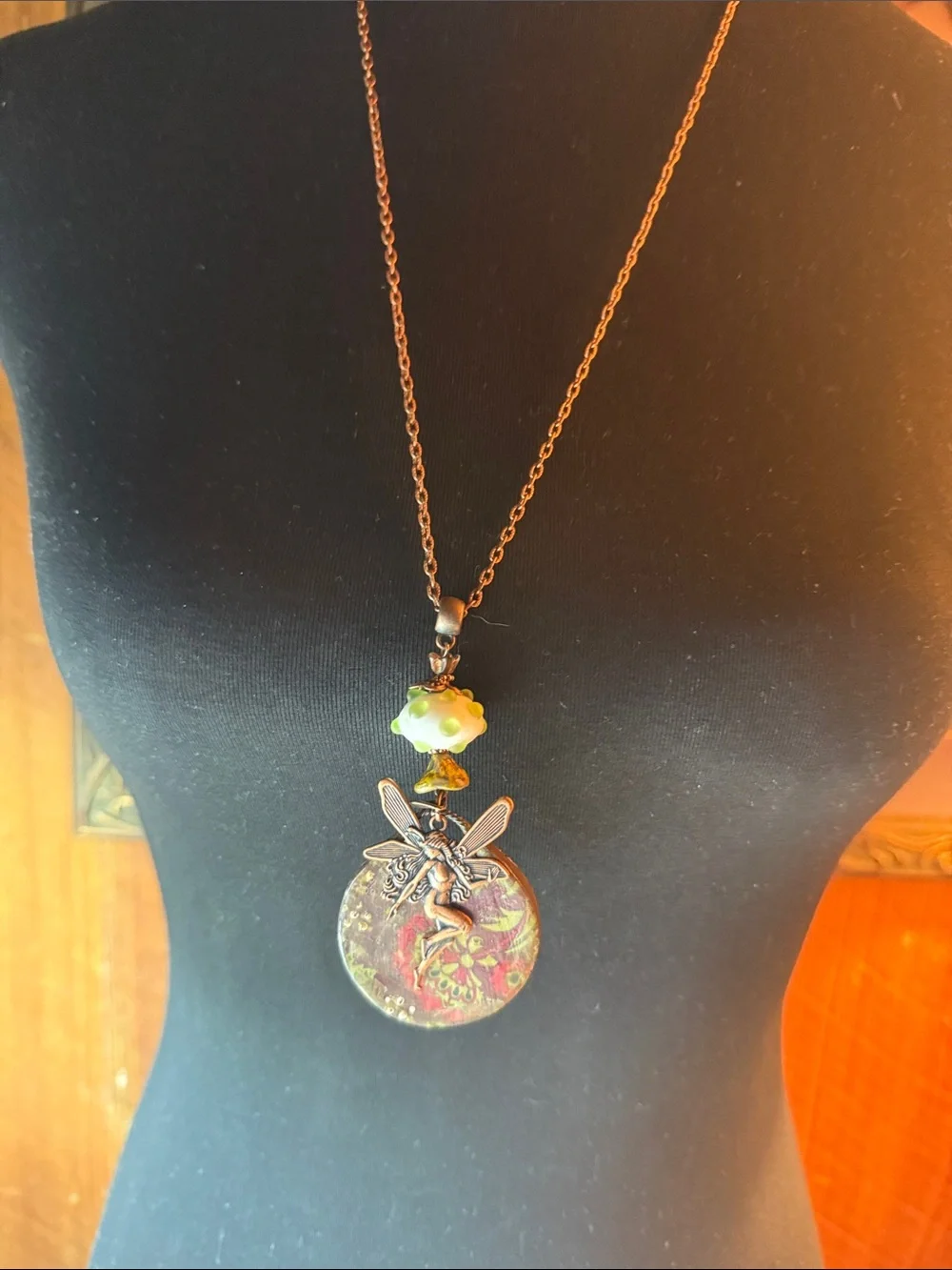 Copper Fairy Pendant Necklace with Green Accents